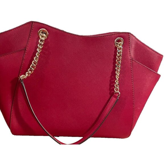 Michael Kors Red Leather Satchel Tote Shoulder Bag Purse Gold Chain Logo Charm - Picture 2 of 7
